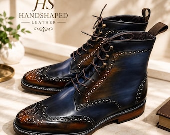 Men Handmade Wingtip Ankle Boots – Blue & Brown Leather Brogue Boots