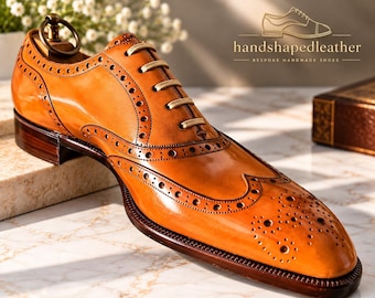 Men’s Cognac Brown Leather Wingtip Oxford Shoes – Handmade Brogue Dress Shoes