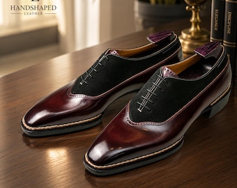Luxury Balmoral Oxford Shoes | Handmade Burgundy Leather & Black Suede Formal Shoes