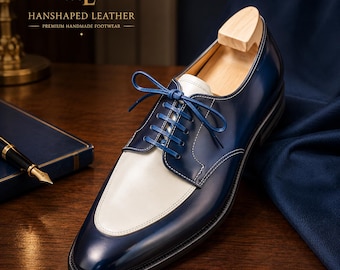 Handmade Blue and White Leather Oxford Shoes for Men, Luxury Dress Shoes, Wedding Groom Footwear, Business Office Shoes