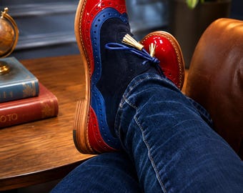 Red Blue Wingtip Brogue Shoes, Handmade Leather Dress Shoes,Statement Wedding Shoe