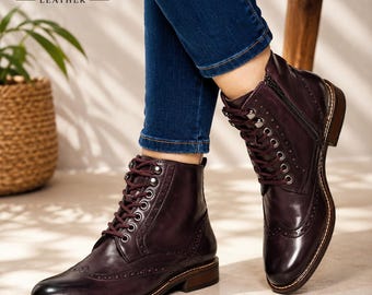 Handmade Leather Ankle Boots, Burgundy Brogue Boots, Lace Up Dress Boot