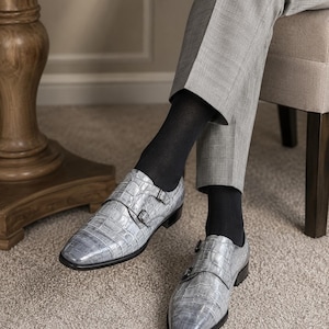 Grey Pattern Double Monk Strap Shoes – Handmade Leather Dress Shoes