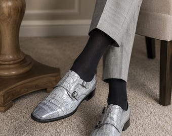 Grey Pattern Double Monk Strap Shoes – Handmade Leather Dress Shoes