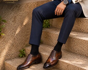 Handmade Brown Leather Oxford Brogue Shoes | Men's Cap Toe Dress Footwear