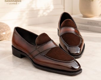 Luxury Handmade Two Tone Penny Loafers | Brown Leather & Suede Men's Dress Shoes