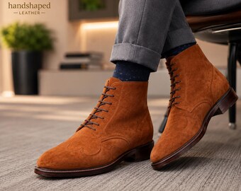 Handmade Brown Suede Oxford Brogue Boots | Genuine Leather Dress Footwear