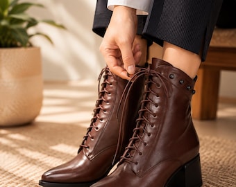 Women’s Brown Leather Lace Up Heeled Ankle Boots, Burgundy Brogue Boots