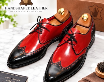 Handmade Red Leather Oxford Shoes, Black Cap Toe Dress Shoes,Men’s Wingtip Brogue Shoe