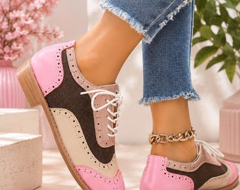 Women’s Pink Brown Leather Brogue Shoes, Handmade Oxford Shoes, Stylish Wingtip Dress Shoe