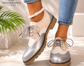 Women’s Silver White Leather Brogue Shoes, Handmade Oxford Shoes, Stylish Wingtip Dress Shoe