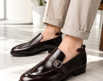 Handmade Dark Brown Leather Monk Strap Loafers for Men | Genuine Leather Dress Shoes