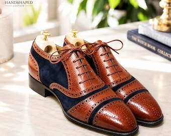 Handmade Brown & Navy Spectator Oxford Shoes for Men | Luxury Leather Wedding Dress Shoes