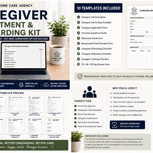 May include: A digital caregiver recruitment and onboarding kit featuring ten editable templates for home care agencies. The kit includes job descriptions, application forms, checklists, and interview guides, all presented in a professional document format.