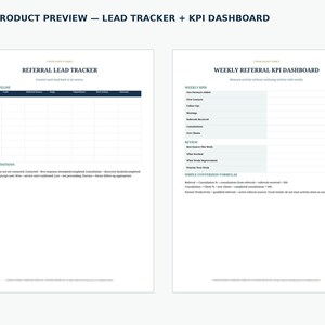 Puede incluir: Un documento digital titulado Real Product Preview - Lead Tracker + KPI Dashboard. Presenta dos secciones: un rastreador de clientes potenciales con encabezado oscuro y definiciones, y un panel de control de KPI semanal con campos de revisión.
