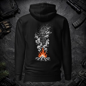 Cyberpunk Fire Hoodie Campfire Static Sweatshirt Binary Code Techwear Pullover Industrial Darkwear Hooded Sweatshirt Heavyweight Black