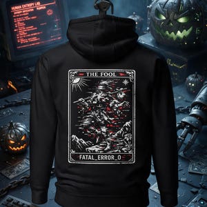 Sudadera con capucha cyberpunk del Tarot del Loco, Error fatal 0, Sudadera de Halloween, Carta del Tarot, Ropa técnica, Sudadera con capucha esotérica con fallo