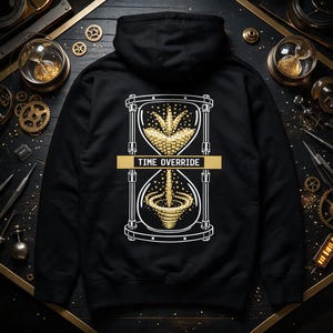 Time Override Hoodie, Cyberpunk Hourglass Pullover, Alt Industrial Streetwear