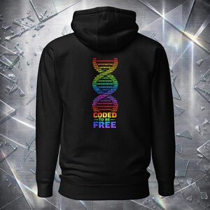Coded To Be Free Pride Month Hoodie, Binary DNA Heavyweight Pullover, Techwear Cyberpunk Sweatshirt, LGBTQ+ Industrial Design, Streetwear