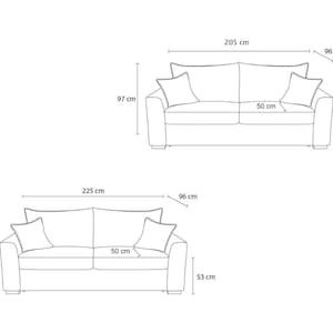 Peut inclure: Deux canap&eacute;s sont repr&eacute;sent&eacute;s avec des dimensions en centim&egrave;tres. Le premier mesure 205 cm de large, 97 cm de haut et 53 cm de profondeur. Le second mesure 225 cm de large, 97 cm de haut et 53 cm de profondeur. Chacun a deux coussins.