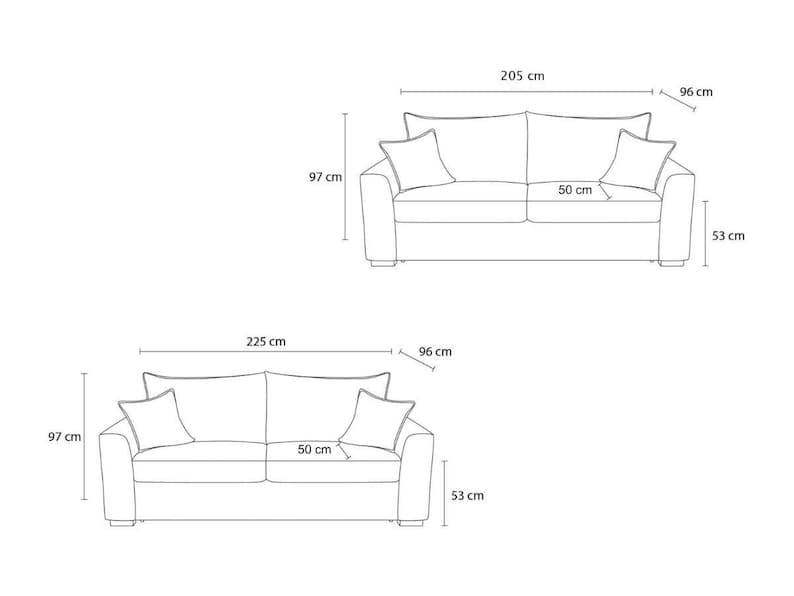 Peut inclure: Deux canap&eacute;s sont repr&eacute;sent&eacute;s avec des dimensions en centim&egrave;tres. Le premier mesure 205 cm de large, 97 cm de haut et 53 cm de profondeur. Le second mesure 225 cm de large, 97 cm de haut et 53 cm de profondeur. Chacun a deux coussins.