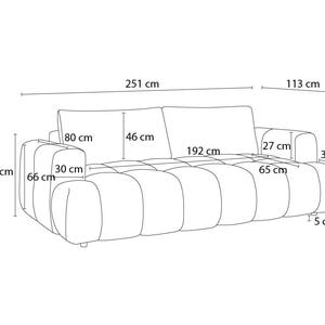 Op de afbeelding: Lijntekening van een moderne bank met afmetingen in centimeters. De bank is 251 cm lang, 192 cm breed en 88 cm hoog. De armleuningen zijn 113 cm breed. De zithoogte is 44 cm.