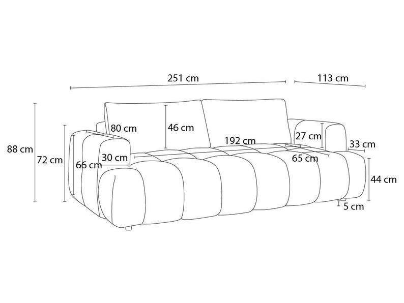 Op de afbeelding: Lijntekening van een moderne bank met afmetingen in centimeters. De bank is 251 cm lang, 192 cm breed en 88 cm hoog. De armleuningen zijn 113 cm breed. De zithoogte is 44 cm.