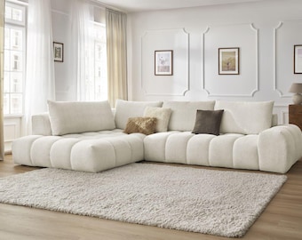 Boucle Hoekbank Moderne Minimalistische L-vormige Bankstel Crème Modulaire Bank Luxe en Comfortabele Woonkamermeubels