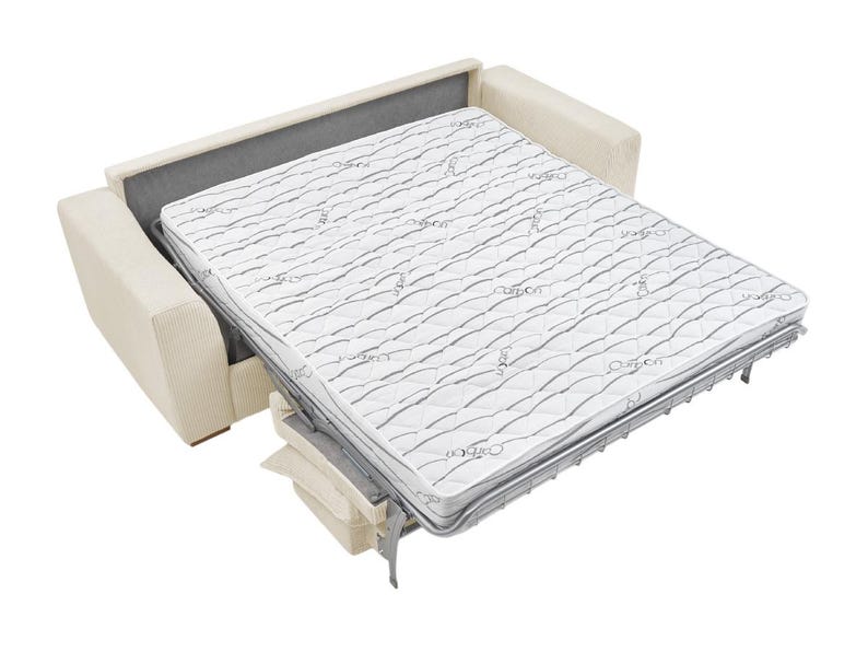Peut inclure: Un canap&eacute;-lit beige avec un matelas d&eacute;pliable. Le matelas est blanc avec un motif de vagues grises. Le canap&eacute; a une forme rectangulaire avec des accoudoirs. Le cadre est en m&eacute;tal.