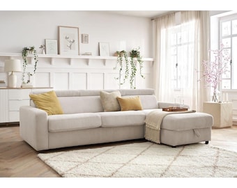 Ensemble de canapé d'angle moderne en L avec lit et rangements en velours côtelé de qualité supérieure, grand canapé en L avec appuie-tête fonctionnel