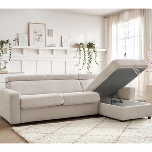 May include: A beige corduroy sectional sofa with a storage compartment. The sofa is on a patterned rug. The storage compartment is open, revealing the interior. The room has a neutral colour palette with decorative plants and artwork.