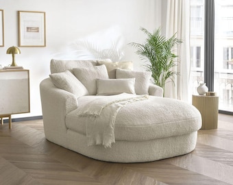 Moderne ligstoel Bouclear Extra brede ronde fauteuil Luxe chaise longue van teddystof