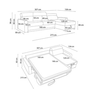 May include: A detailed diagram of a sectional sofa, with measurements in centimetres. The sofa is 307 cm long and 158 cm wide. The diagram also shows the sofa's dimensions when converted into a bed, with a 190 cm x 160 cm sleeping area.