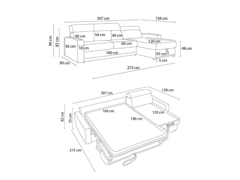 May include: A detailed diagram of a sectional sofa, with measurements in centimetres. The sofa is 307 cm long and 158 cm wide. The diagram also shows the sofa's dimensions when converted into a bed, with a 190 cm x 160 cm sleeping area.
