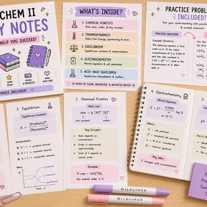 Puede incluir: Un conjunto de apuntes de estudio para Química General II, con un cuaderno, tarjetas y problemas de práctica. Las notas están en una paleta de colores pastel con texto manuscrito e ilustraciones. Incluye bolígrafos y rotuladores.