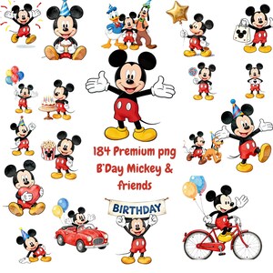 May include: A collection of digital illustrations featuring Mickey Mouse and friends in various birthday-themed poses, including holding balloons, cakes, and gifts, with the text 184 Premium png B'Day Mickey & friends and BIRTHDAY displayed.