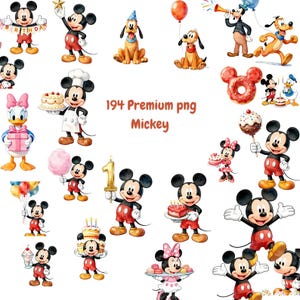 May include: A collection of 194 digital illustrations featuring Mickey Mouse, Minnie Mouse, Pluto, Donald Duck, and Daisy Duck in various birthday-themed poses with cakes, balloons, gifts, and party treats, labeled with the text 194 Premium png Mickey.