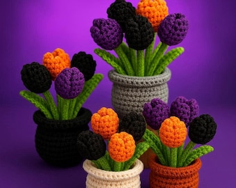 Halloween Crochet Tulip Pot Pattern | Amigurumi Mini Flower Decor (PDF Download)