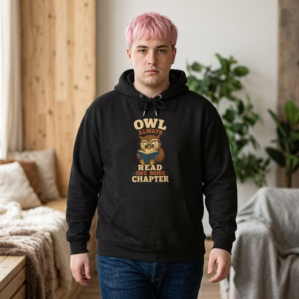 Owl Reading Hoodie | Cozy Combed Cotton Blend, Embroidered Graphic