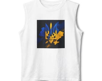 Camiseta regata com o mapa do Tridente da Ucrânia | Cores da bandeira ucraniana, brasão de armas