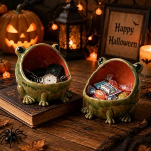Pode incluir: Dois recipientes de cerâmica verde em forma de sapo com interior laranja. Um contém um relógio de pulso e chaves de carro com o texto Trick or treat impresso na lateral. O outro contém doces embalados. Ambos têm bocas bem abertas.