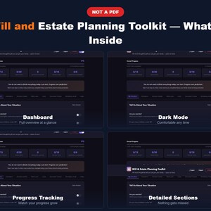 Op de afbeelding: Een donkerblauwe digitale interface voor een Will and Estate Planning Toolkit. De interface bevat secties voor dashboard, donkere modus, voortgangsregistratie en gedetailleerde secties. Tekst bevat "What's Inside" en "NOT A PDF".