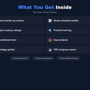 May include: A dark blue graphic with white text that reads "What You Get Inside" and "Bar Exam Study Planner." The image lists features like score tracking, study schedules, and practice test logs. It also notes instant download, no account needed, and offline functionality.