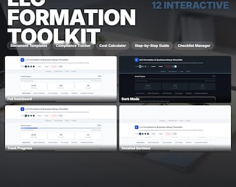 Może przedstawiać: Cyfrowy interfejs LLC Formation Toolkit zawierający 18 kalkulatorów i 12 interaktywnych narzędzi. Wyświetlacz pokazuje listę kontrolną konfiguracji firmy ze śledzeniem postępów, szablonami dokumentów i modułem śledzenia zgodności.