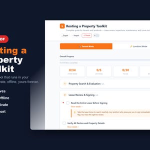 May include: Screenshot of a digital toolkit for renting a property. The interface includes sections for lease review, inspections, and maintenance. Text on the left states the tool auto-saves, works offline, is 100% private, and offers PDF export.