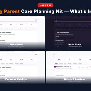 May include: A digital interface for an Aging Parent Care Planning Kit, showcasing a dashboard, dark mode, progress tracking, and detailed sections. The interface displays progress bars and various planning categories.