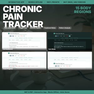 Dagelijks logboek chronische pijn | 44+ invoervelden, pijnschaaltracker, trigger-ID en behandeldagboek