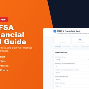 May include: An orange and navy blue graphic promoting the FAFSA Financial Aid Guide. The text reads "Calculate, track, and plan your finances with real formulas." Features include calculators, auto-totals, goal tracking, and visual charts.