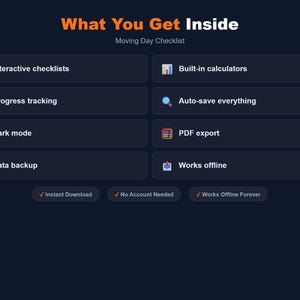 May include: A dark blue graphic with the text "What You Get Inside" and "Moving Day Checklist" in orange and white. Features include interactive checklists, built-in calculators, progress tracking, auto-save, dark mode, PDF export, data backup, and offline functionality.