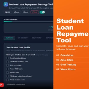 May include: A digital interface for a student loan repayment strategy tool. The interface includes options for calculating, tracking, and planning finances. The text on the right side says "Student Loan Repayment Tool". The interface has a dark blue background with white text.